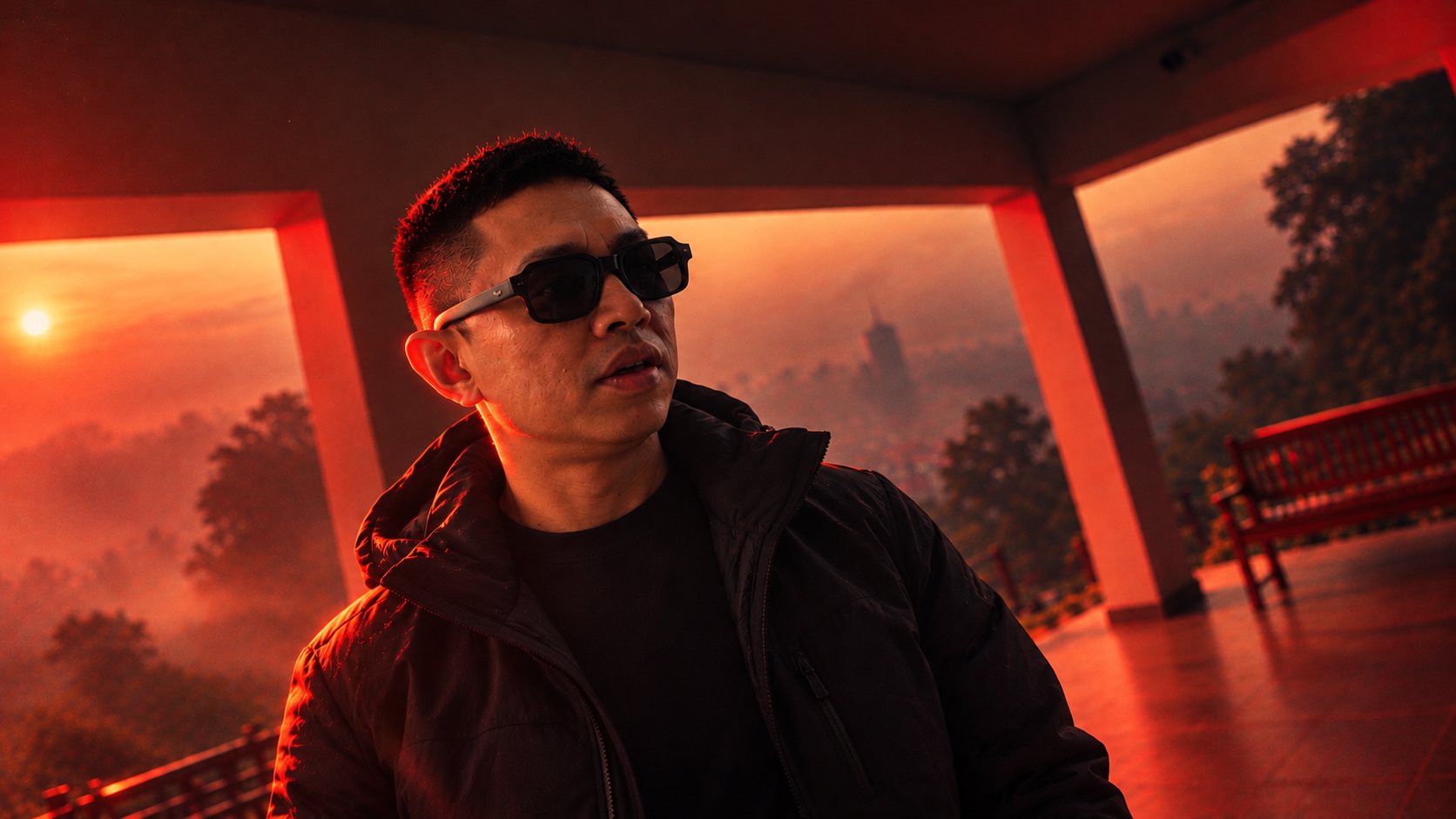 Moonjay Goodman in sunglasses at sunset, red light over a misty city